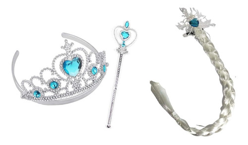 Kit Princesa Elsa Frozen - Trança, Coroa E Varinha - Branco