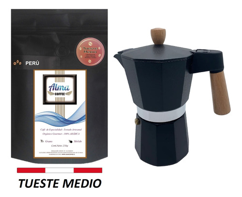 Café Especialidad Perú 250g + Cafetera Moka Italiana 6 Tazas