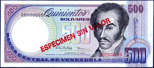 Billete Espécimen Sin Valor 500 Bolívares Febrero 5 1998