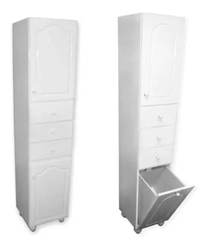 Tolva Canasto Mueble Organizador Baño Madera Laqueada Blanco Cajones  Estantes Puerta Volcadora Patas Antihumedad Pvc