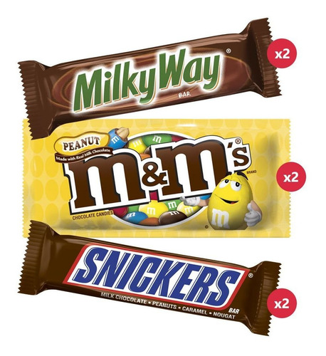 Snickers Singles X2 + Milky Way X2 + M&ms Peanut X2