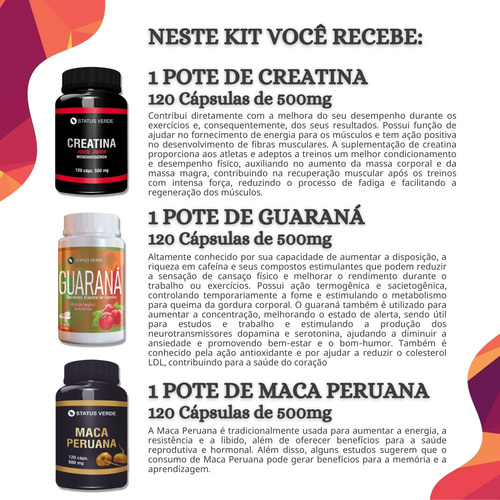 Kit Creatina Com Guaraná e Maca Peruana Pura 120 Cáps Por Pote Status Verde