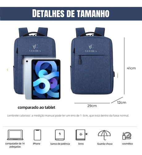 Mochila Masculina Vavichica Computador Mochila Externo Usb Cor Azul Desenho Do Tecido Lisa