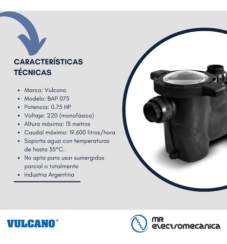 Imagen 3 de 10 de Bomba Pileta 3/4 Hp Autocebante - Vulcano Modelo Bap075