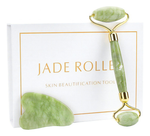 Rolo Massageador Facial Pedra Natural Jade + Gua Sha + Caixa Cor Verde