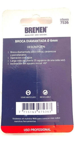 Imagen 3 de 4 de Broca Diamantada Porcelanato Bremen 6 Mm 7536 X 2 Unidad Dgm