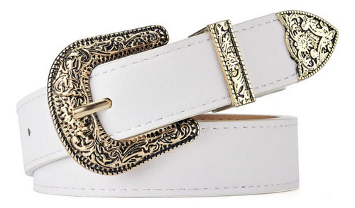 Cinturón De Cuero Unisex Hebilla Aguja Troquelada Vintage Blanc/dorado 105