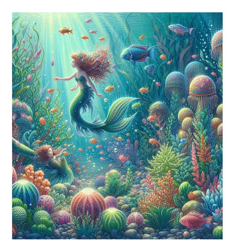 Vinilo 45x45cm Sirena Fantasia Fondo Mar Pez Corales M1
