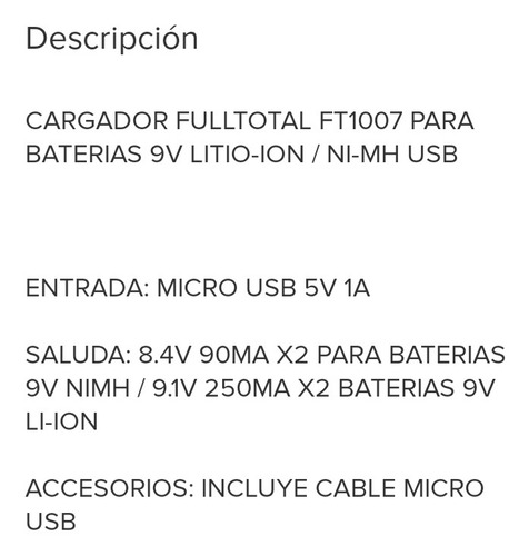 Imagen 4 de 5 de Cargador De Baterias 9v +2 Full Total 250mah + Usb Cable
