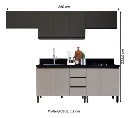 Cozinha Compacta Ébano 9 Portas 3 Gavetas Fumê/grafite