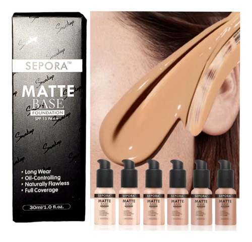 Base de maquiagem em base líquida Sepora Base Efeito Matte Base Maquiagem Alta Cobertura Rosto Base Com Protetor Solar Livre De Oleo Nao Sai Com Agua Suor Matte Base Foundation SPF 15 PA ++ - 30mL