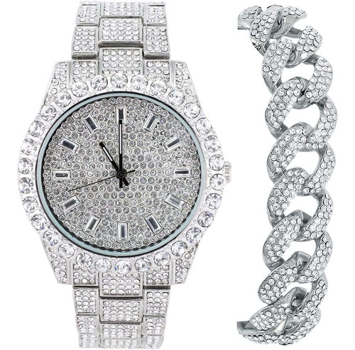 Reloj De Diamantes Helados Para Hombre Con Bisel Solita...