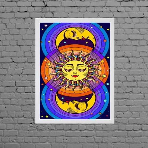 Quadro Místico Sol E Lua Colorido 33x24cm - Com Vidro