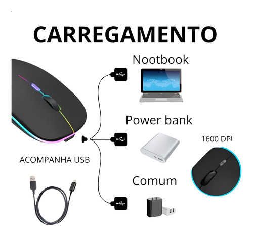 Mouse Recarregável Sem Fio Bluetooth Usb Led Rgb Ergonômico