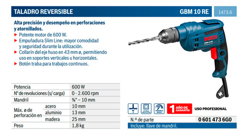 Taladro Reversible 600w 0 - 2,600 Rpm Gbm 10 Re 1473.6 Bosch