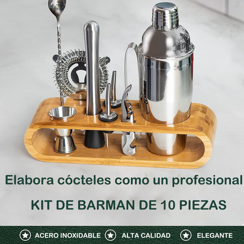 10 Piezas Coctelera Para Bar Y Cocina Con Soporte De Bambú Para Bebidas Mixtas Y Preparados Para Hogar Y Cocina, Set De Coctelería Para Bebidas Preparadas Y Cocteles De Acero Inoxidable Profesional