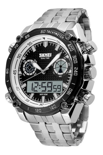 Reloj pulsera Skmei 1204 de cuerpo color plateado y negro y blanco, analógico-digital, para hombre, fondo negro y gris, con correa de acero inoxidable color plateado, agujas color plateado y blanco, dial blanco y plateado, subesferas color negro y plateado y gris, minutero/segundero blanco, bisel color negro y blanco y desplegable