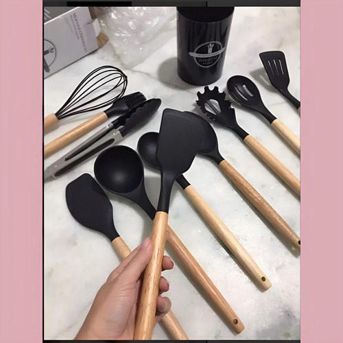Set De 12 Utensilio De Cocina Mango Madera Punta Silicona Negro