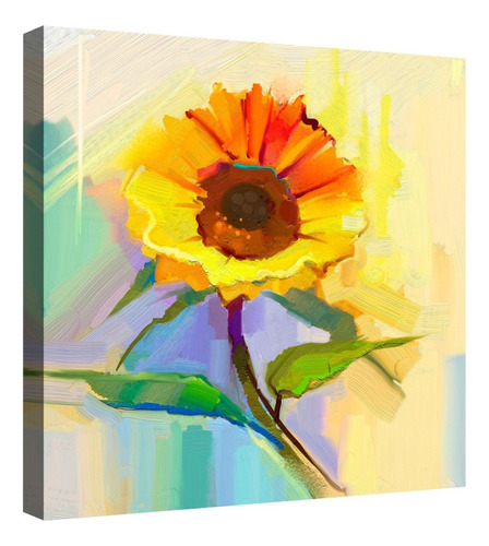 Cuadro Decorativo Canvas Moderno Girasol Acuarela 50x50cm Color Natural Armazón Natural