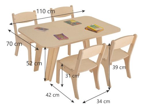 Comedor Infantil Mesa Rectangular Con Cuatro Sillas Abedul