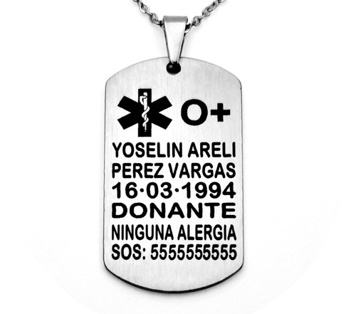 Imagen 1 de 6 de Placa Alerta Médica Grabado Láser Personalizado 1076a