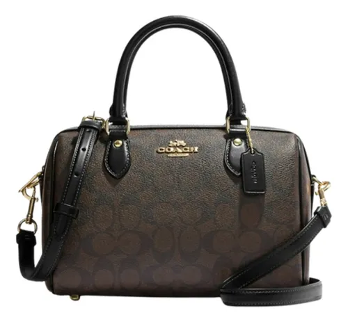 comprar Bolsa Coach Rowan Satchel Marrón Oscuro Lisa Con Estampado Letra C Níquel Negro