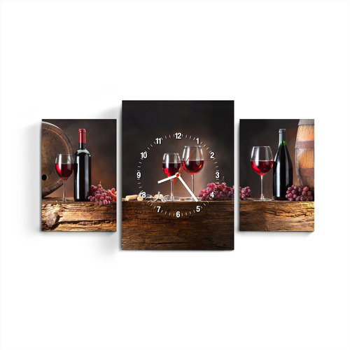 Reloj De Pared Triptico Moderno Vino Tinto Bodega Regalo 