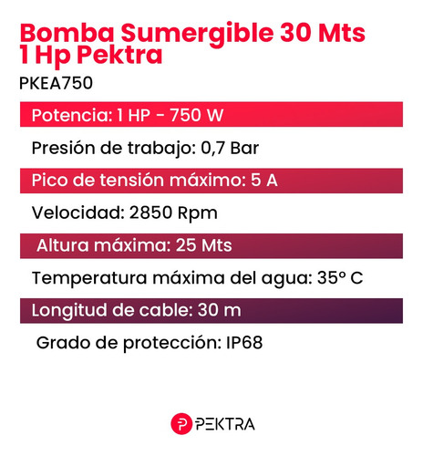 Imagen 5 de 10 de Bomba Sumergible 30 Mts 1 Hp Agua Limpia Pozo Pektra Acero