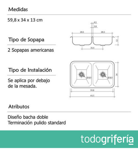 Pileta De Cocina Doble Acero 430 Johnson 59x34x13 Cc28b