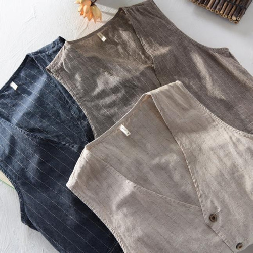 Chaleco Retro A Rayas De Algodón Y Lino Para Hombre