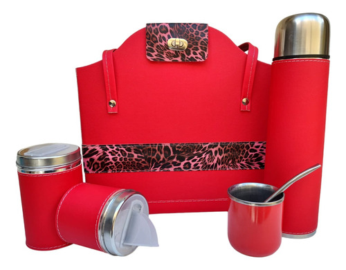 Set Matero Rojo Kit Completo Cartera Con Herraje Termo 1 L