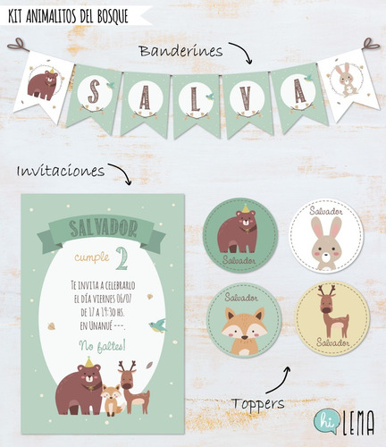 Kit Imprimible Animalitos Del Bosque Verde Deco + Candy Bar