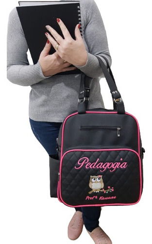 Bolsa Lateral Mochila Pedagogia Professora Escola Aula Top Cor Preto - Shine Pink Desenho do tecido Liso