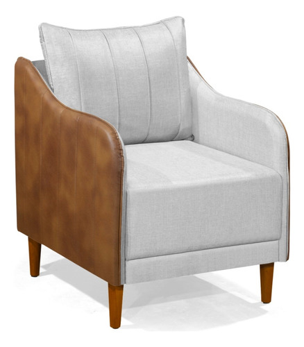 Cadeira Poltrona Sofa Sala de Estar Corano Nozes e Linho com Almofada Pés Palito Castanho Arkell