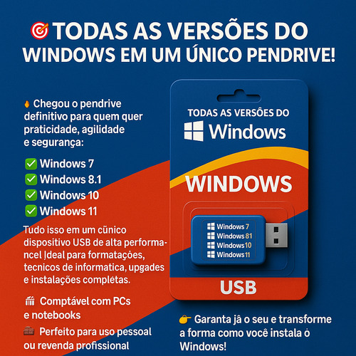 Pendrive Bootável Windows 7/8.1/10/11 Todas Versões + Bônus Preto