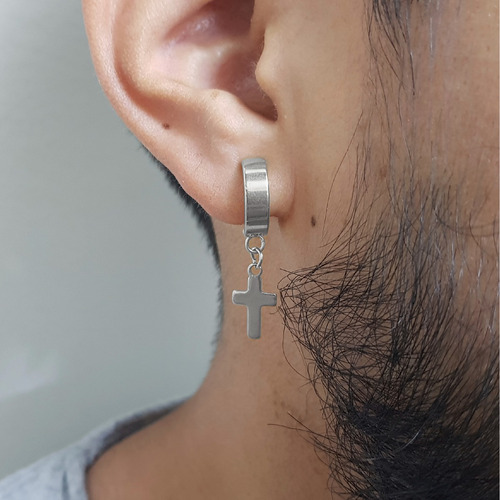 Aretes Perforación Argolla Cruz Clip Oreja Hueco Acero Aro 3