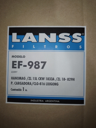 Filtro De Aire Para Pala Cargadora Liugong Ef-987 Lanss