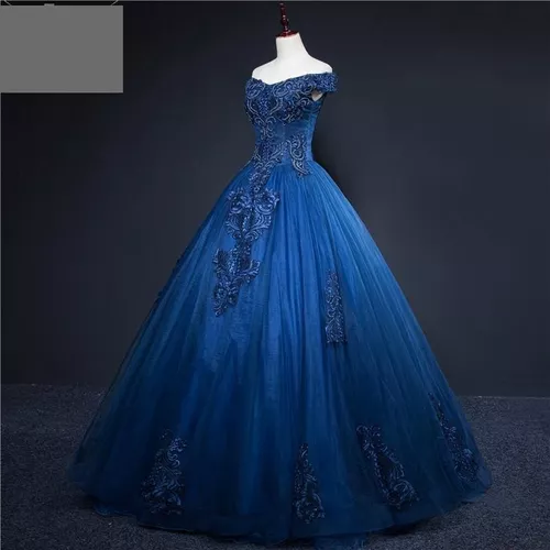 Vestido Quinceañera Fino Azul Marino Bordado Xv Años Aplique