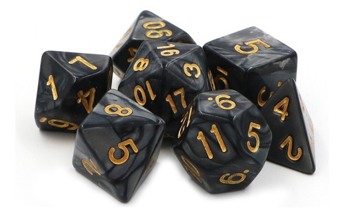 Conjunto 7 Dados Rpg D&d Preto Dourado Marmorizado + 1 Bolsa Cor Preto Perolado com Dourado