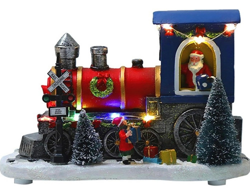 Tren Navideño De Resina Con Luz Con Escena De Nieve Pilas In
