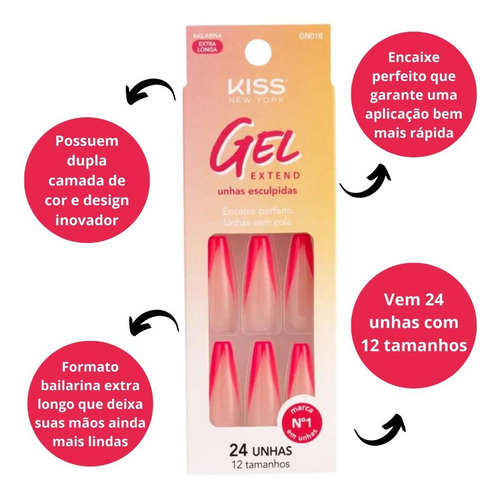 Unhas Postiças Kiss Ny Gel Extend Bailarina Com 24un Gn01b