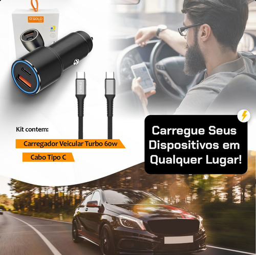 Carregador Veicular Turbo 60w Kit Com Cabo-tipo-c Preto