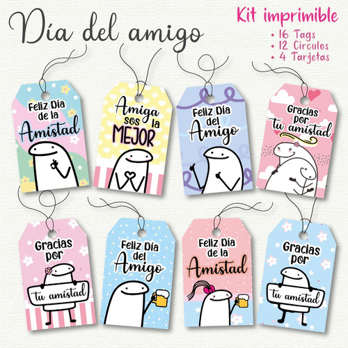 Kit Imprimible 16 Tags Flork Día Del Amigo + 4 Tarjetas Y +