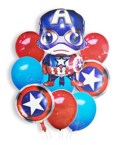 Set 9 Globos Capitán América Avengers 3d Metalizados Escudo