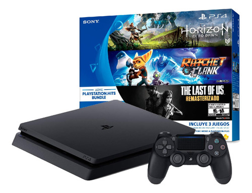 Sony PlayStation 4 Slim 500GB Hits Bundle: Horizon Zero Dawn/Ratchet & Clank/The Last of Us: Remastered color negro azabache