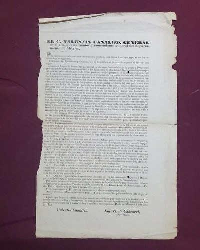 1843 Documento Antiguo Decreto A. Lopez Santa Anna Veracruz