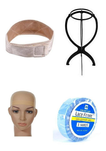 Kit Suporte + Wig Cap + Hair Grip + Fita Azul Lace Front 3mt