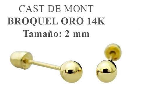 Broquel Dormilona 2mm Bola Arete Para Bebe Oro Amarillo 14k