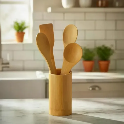 Lucas Home Kit 5 Peças De Bambu 4 Utensílios Em Bamboo Colher De Pau Natural