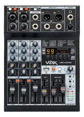 Mesa De Som 4 Canais Voik VMX-402 PRO Metal USB Bluetooth 99 Efeitos Interface de Áudio Live Streaming 48v Phantom Power Botão Mute Processamento Digital Bivolt 110v/220v